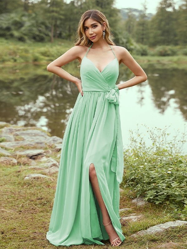 A-Line/Princess Chiffon Ruffles V-neck Sleeveless Sweep/Brush Train Bridesmaid Dresses 2246