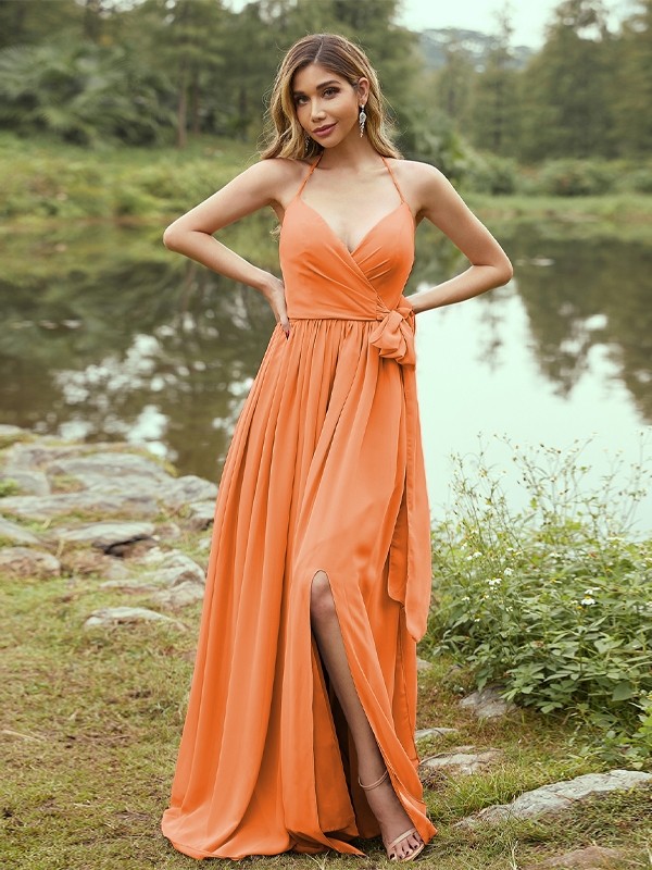 A-Line/Princess Chiffon Ruffles V-neck Sleeveless Sweep/Brush Train Bridesmaid Dresses 2246