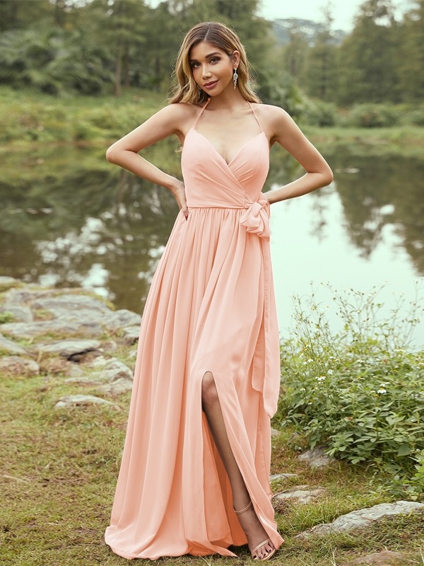 A-Line/Princess Chiffon Ruffles V-neck Sleeveless Sweep/Brush Train Bridesmaid Dresses 2246