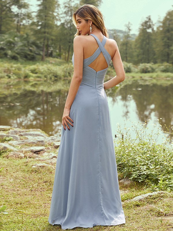 A-Line/Princess Chiffon Ruched Halter Sleeveless Sweep/Brush Train Bridesmaid Dresses 2155