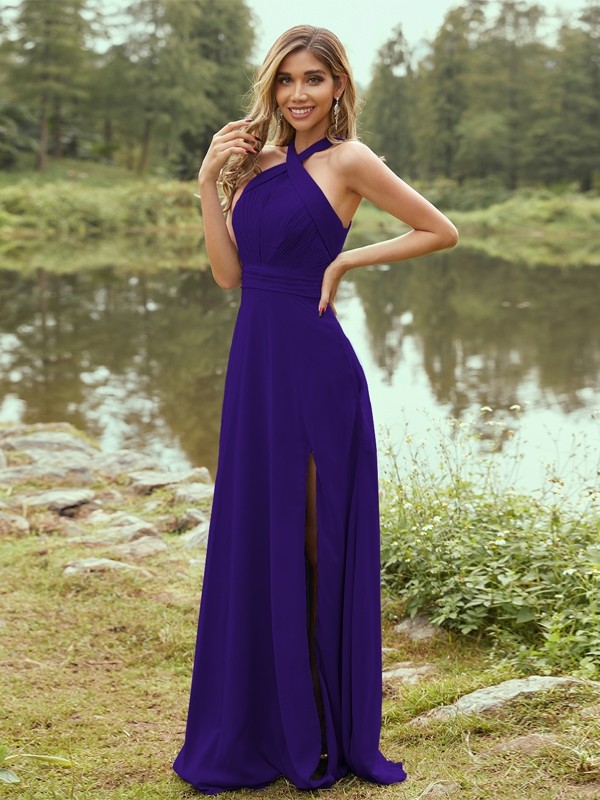 A-Line/Princess Chiffon Ruched Halter Sleeveless Sweep/Brush Train Bridesmaid Dresses 2155