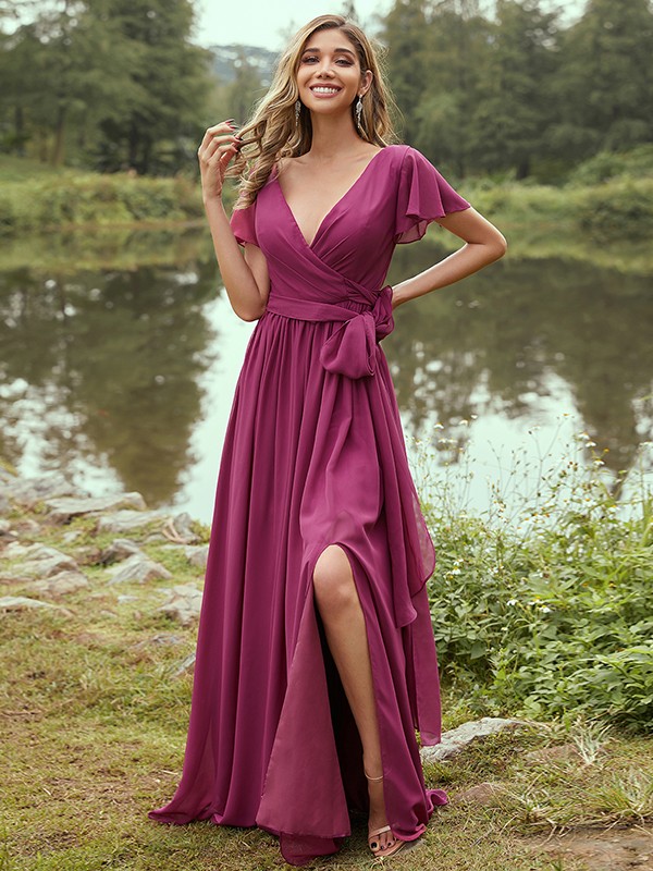 A-Line/Princess Chiffon Ruffles V-neck Short Sleeves Floor-Length Bridesmaid Dresses 2224