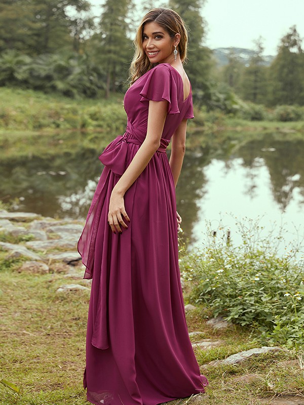 A-Line/Princess Chiffon Ruffles V-neck Short Sleeves Floor-Length Bridesmaid Dresses 2224