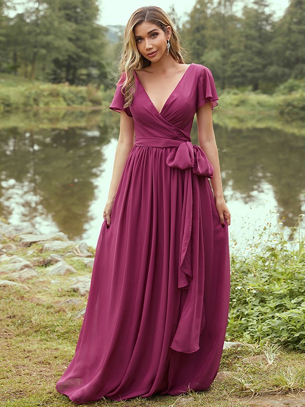 A-Line/Princess Chiffon Ruffles V-neck Short Sleeves Floor-Length Bridesmaid Dresses 2224