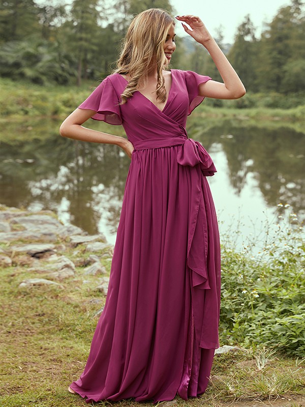 A-Line/Princess Chiffon Ruffles V-neck Short Sleeves Floor-Length Bridesmaid Dresses 2224