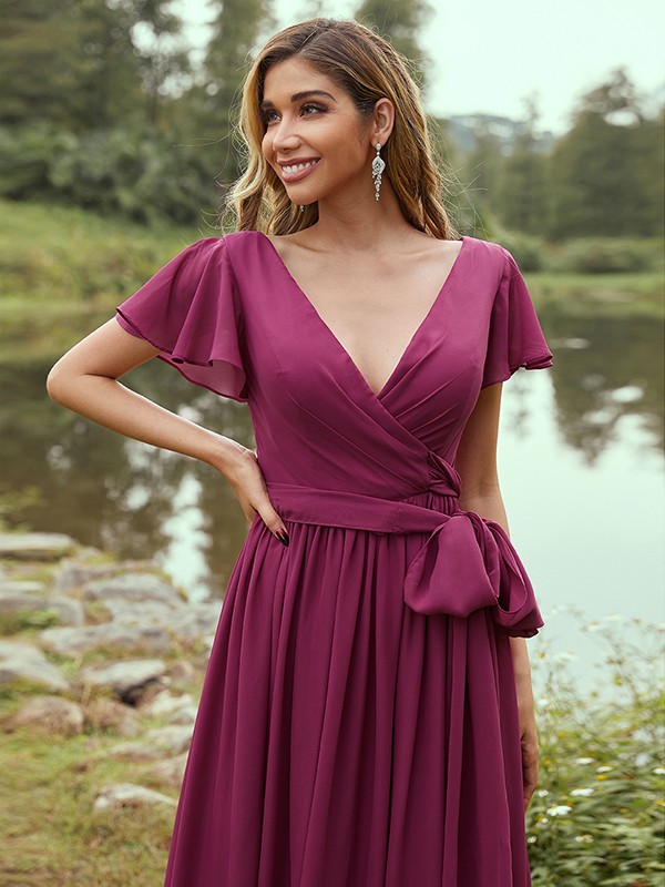 A-Line/Princess Chiffon Ruffles V-neck Short Sleeves Floor-Length Bridesmaid Dresses 2224