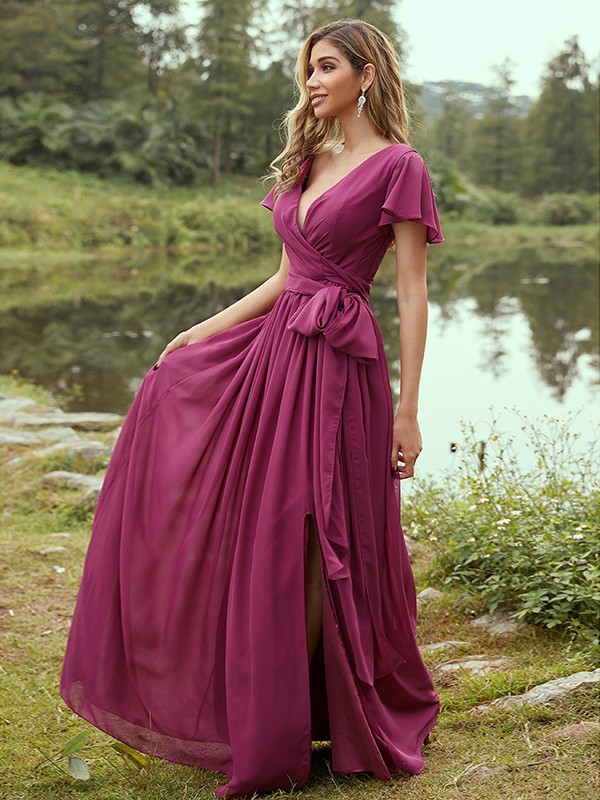 A-Line/Princess Chiffon Ruffles V-neck Short Sleeves Floor-Length Bridesmaid Dresses 2224