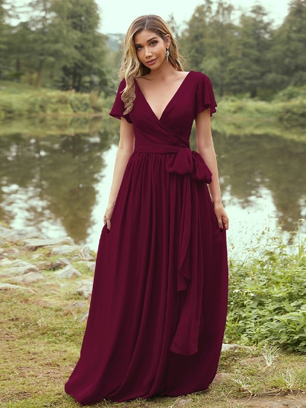 A-Line/Princess Chiffon Ruffles V-neck Short Sleeves Floor-Length Bridesmaid Dresses 2224