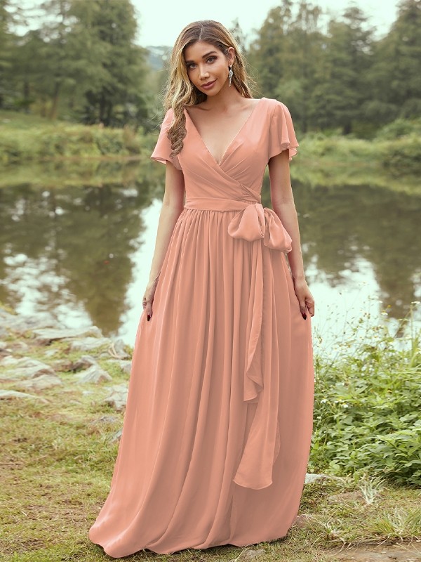 A-Line/Princess Chiffon Ruffles V-neck Short Sleeves Floor-Length Bridesmaid Dresses 2224