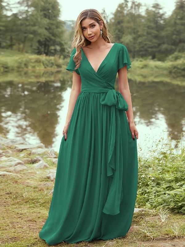 A-Line/Princess Chiffon Ruffles V-neck Short Sleeves Floor-Length Bridesmaid Dresses 2224