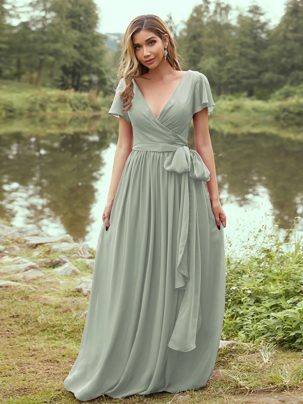 A-Line/Princess Chiffon Ruffles V-neck Short Sleeves Floor-Length Bridesmaid Dresses 2224