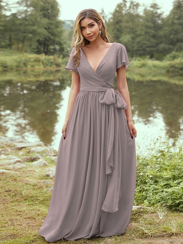 A-Line/Princess Chiffon Ruffles V-neck Short Sleeves Floor-Length Bridesmaid Dresses 2224