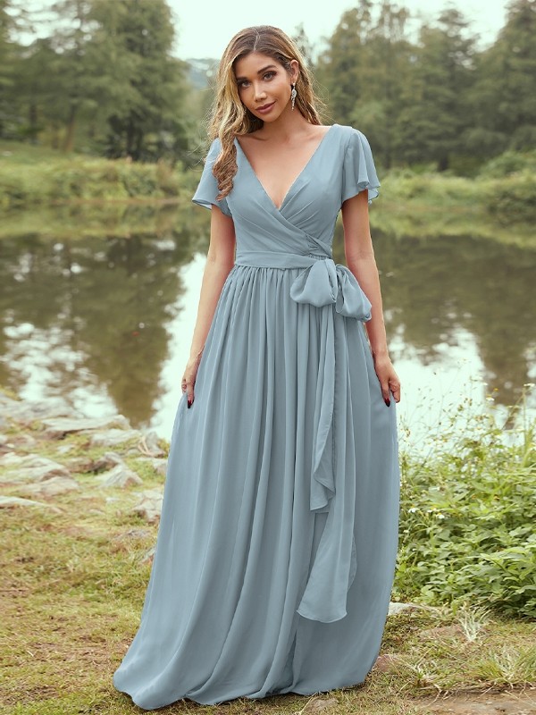 A-Line/Princess Chiffon Ruffles V-neck Short Sleeves Floor-Length Bridesmaid Dresses 2224