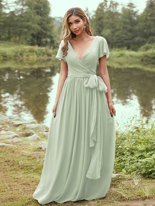 A-Line/Princess Chiffon Ruffles V-neck Short Sleeves Floor-Length Bridesmaid Dresses 2224