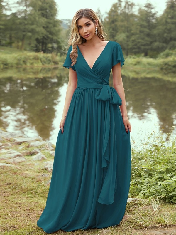 A-Line/Princess Chiffon Ruffles V-neck Short Sleeves Floor-Length Bridesmaid Dresses 2224