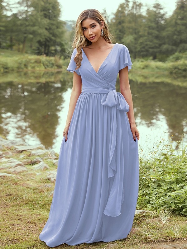 A-Line/Princess Chiffon Ruffles V-neck Short Sleeves Floor-Length Bridesmaid Dresses 2224