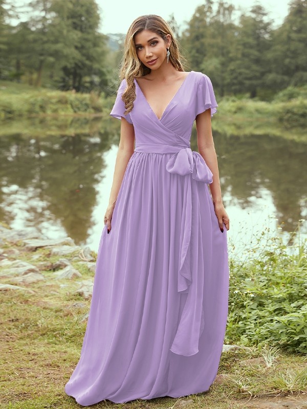 A-Line/Princess Chiffon Ruffles V-neck Short Sleeves Floor-Length Bridesmaid Dresses 2224