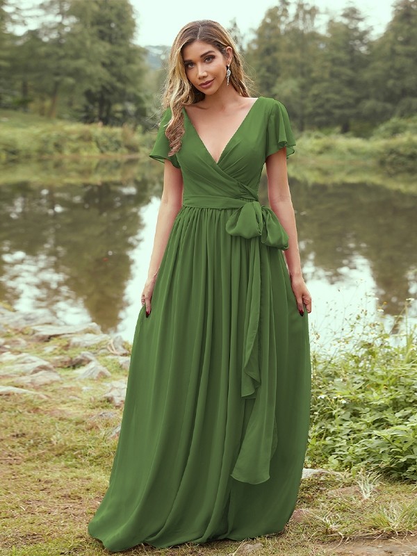 A-Line/Princess Chiffon Ruffles V-neck Short Sleeves Floor-Length Bridesmaid Dresses 2224