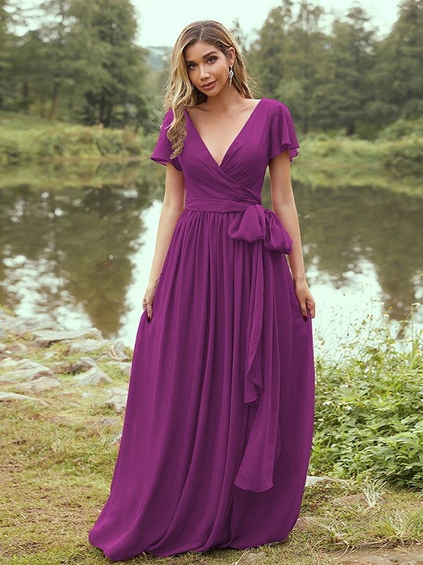 A-Line/Princess Chiffon Ruffles V-neck Short Sleeves Floor-Length Bridesmaid Dresses 2224