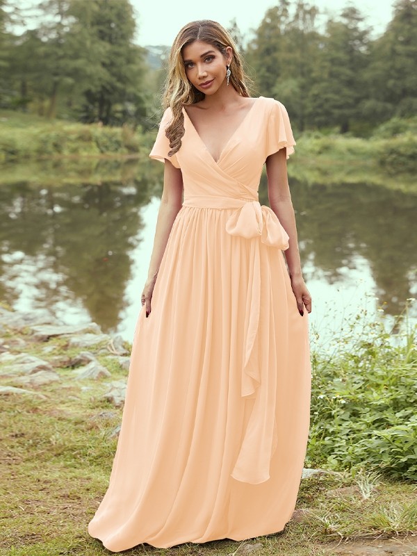 A-Line/Princess Chiffon Ruffles V-neck Short Sleeves Floor-Length Bridesmaid Dresses 2224