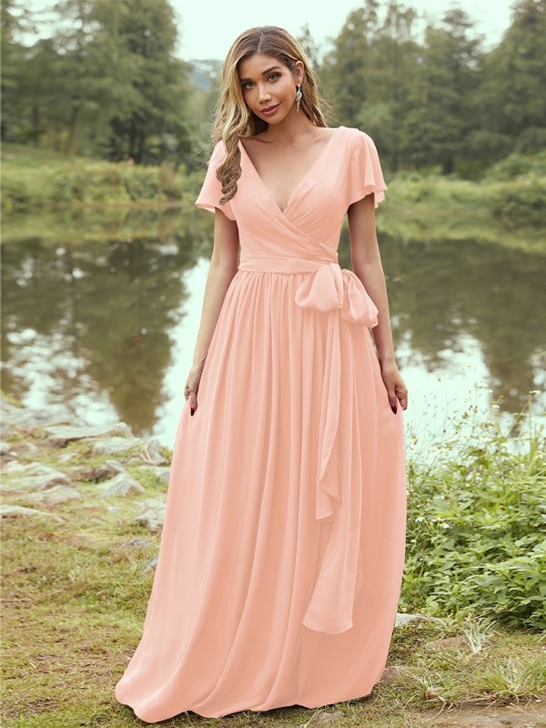 A-Line/Princess Chiffon Ruffles V-neck Short Sleeves Floor-Length Bridesmaid Dresses 2224