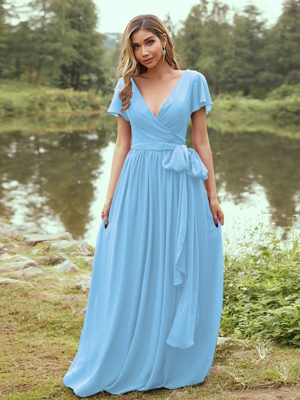 A-Line/Princess Chiffon Ruffles V-neck Short Sleeves Floor-Length Bridesmaid Dresses 2224