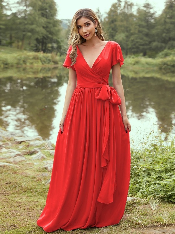 A-Line/Princess Chiffon Ruffles V-neck Short Sleeves Floor-Length Bridesmaid Dresses 2224