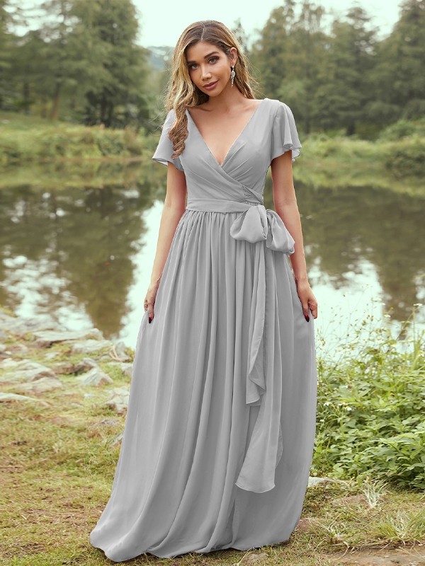 A-Line/Princess Chiffon Ruffles V-neck Short Sleeves Floor-Length Bridesmaid Dresses 2224