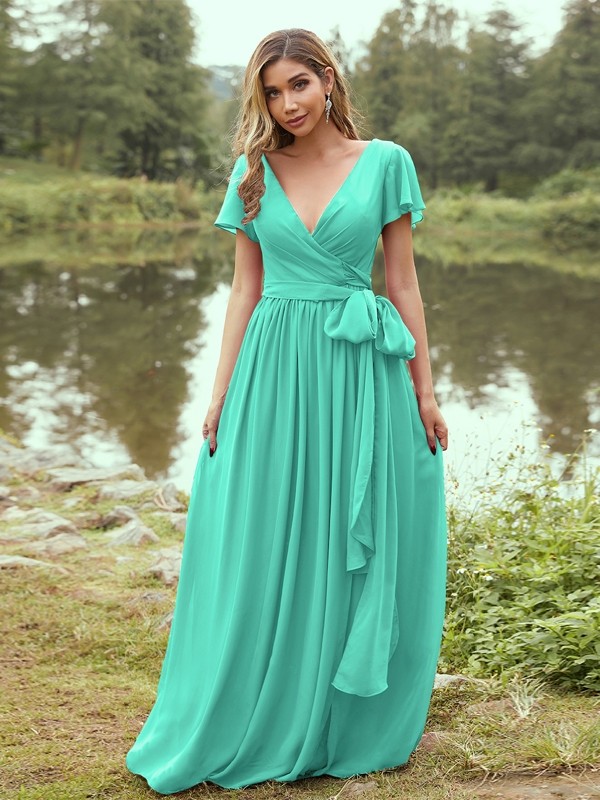 A-Line/Princess Chiffon Ruffles V-neck Short Sleeves Floor-Length Bridesmaid Dresses 2224