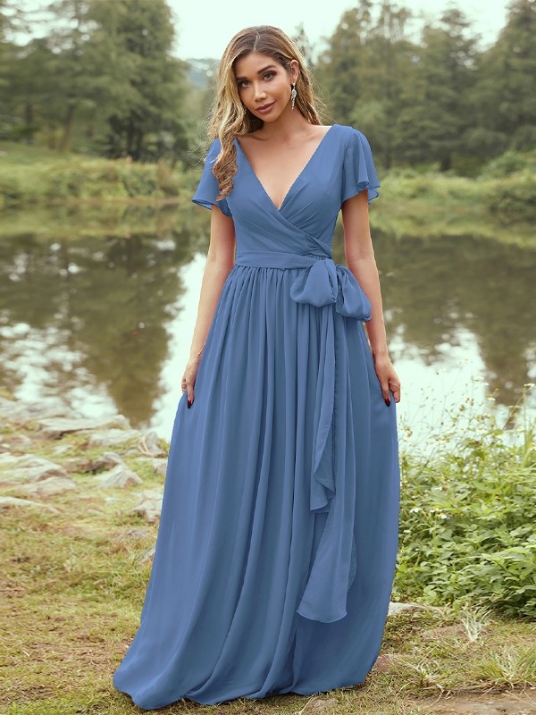 A-Line/Princess Chiffon Ruffles V-neck Short Sleeves Floor-Length Bridesmaid Dresses 2224