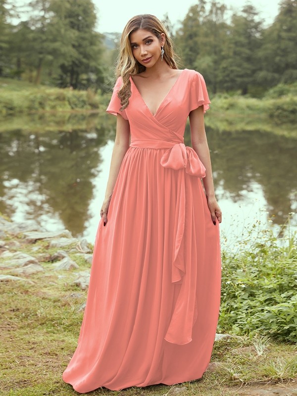 A-Line/Princess Chiffon Ruffles V-neck Short Sleeves Floor-Length Bridesmaid Dresses 2224