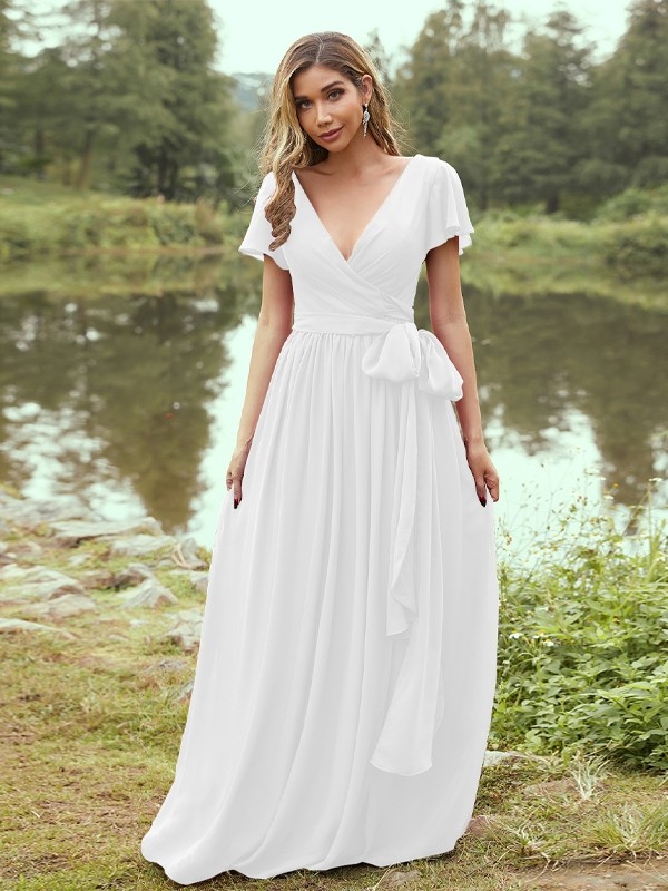 A-Line/Princess Chiffon Ruffles V-neck Short Sleeves Floor-Length Bridesmaid Dresses 2224