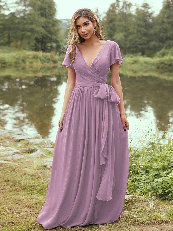 A-Line/Princess Chiffon Ruffles V-neck Short Sleeves Floor-Length Bridesmaid Dresses 2224