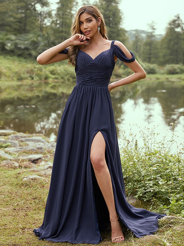 A-Line/Princess Chiffon Ruched V-neck Sleeveless Sweep/Brush Train Bridesmaid Dresses 2189