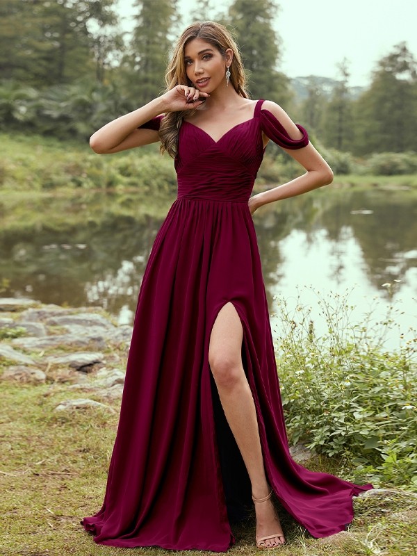 A-Line/Princess Chiffon Ruched V-neck Sleeveless Sweep/Brush Train Bridesmaid Dresses 2189