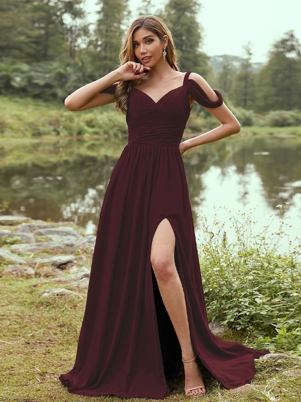 A-Line/Princess Chiffon Ruched V-neck Sleeveless Sweep/Brush Train Bridesmaid Dresses 2189