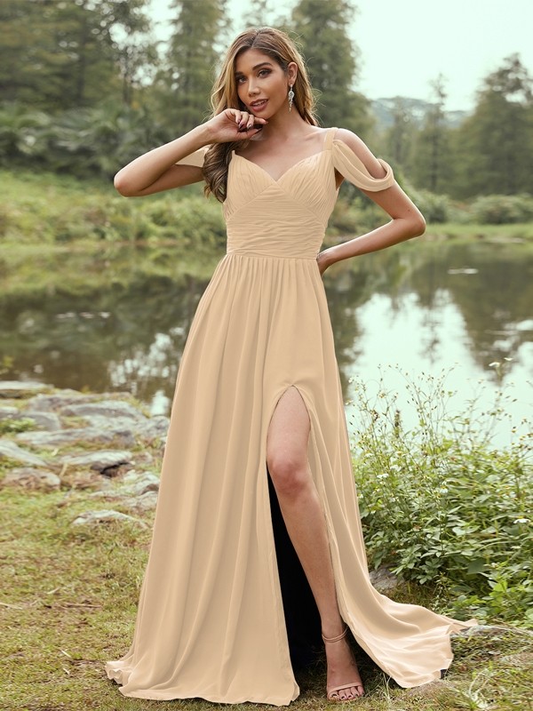 A-Line/Princess Chiffon Ruched V-neck Sleeveless Sweep/Brush Train Bridesmaid Dresses 2189