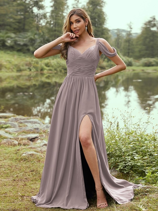 A-Line/Princess Chiffon Ruched V-neck Sleeveless Sweep/Brush Train Bridesmaid Dresses 2189