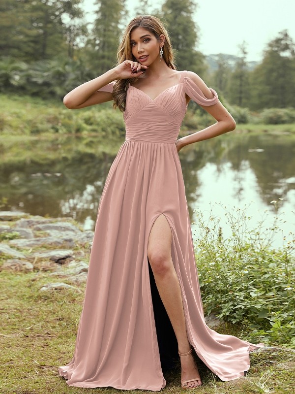 A-Line/Princess Chiffon Ruched V-neck Sleeveless Sweep/Brush Train Bridesmaid Dresses 2189