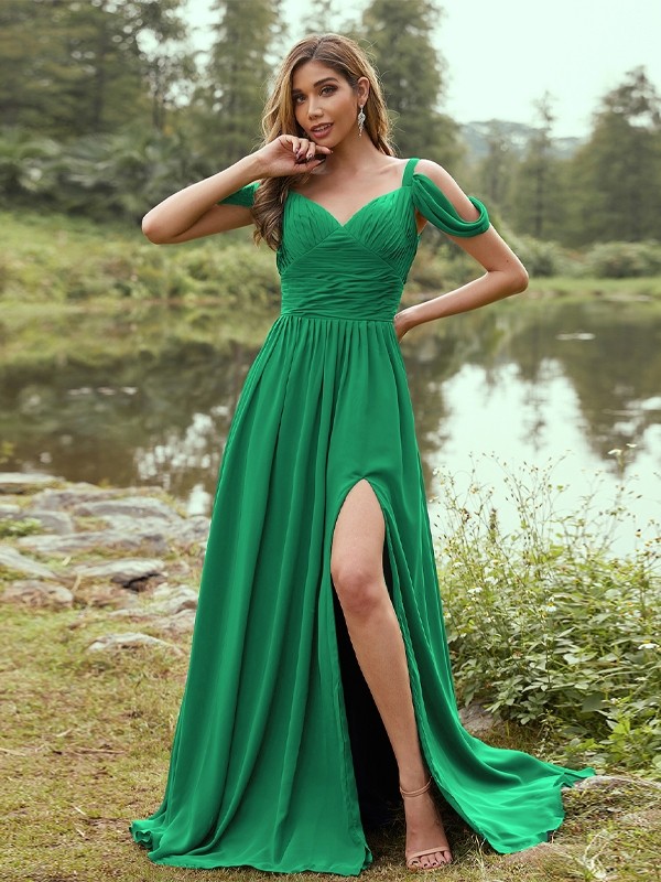 A-Line/Princess Chiffon Ruched V-neck Sleeveless Sweep/Brush Train Bridesmaid Dresses 2189