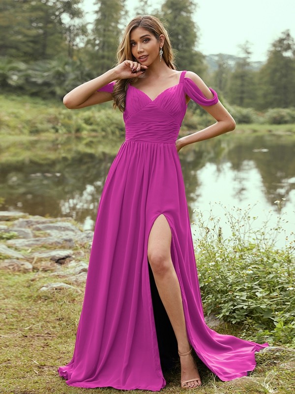 A-Line/Princess Chiffon Ruched V-neck Sleeveless Sweep/Brush Train Bridesmaid Dresses 2189