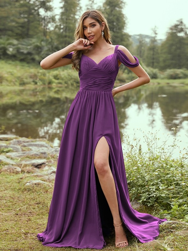 A-Line/Princess Chiffon Ruched V-neck Sleeveless Sweep/Brush Train Bridesmaid Dresses 2189