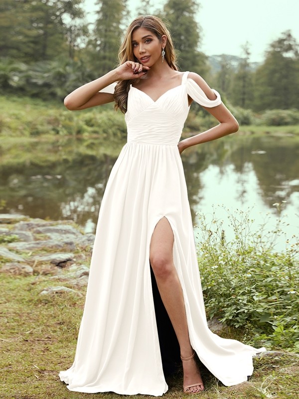 A-Line/Princess Chiffon Ruched V-neck Sleeveless Sweep/Brush Train Bridesmaid Dresses 2189