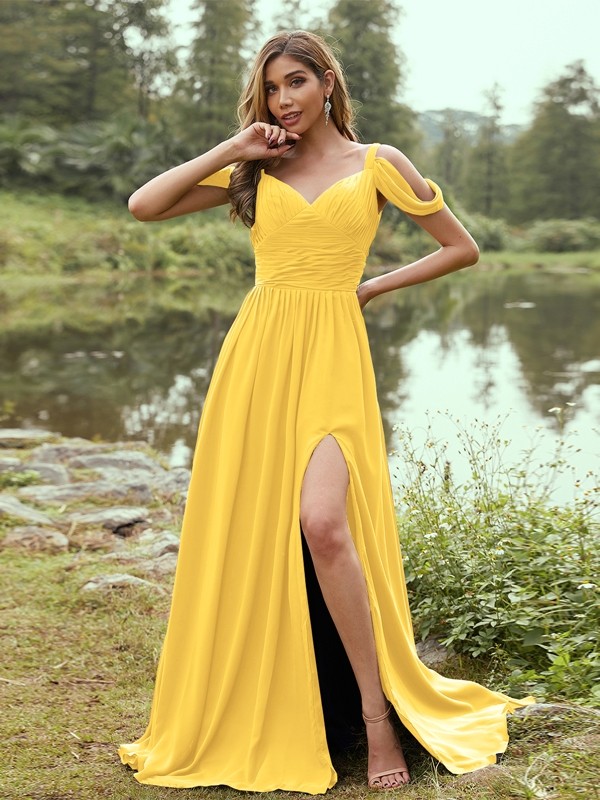 A-Line/Princess Chiffon Ruched V-neck Sleeveless Sweep/Brush Train Bridesmaid Dresses 2189