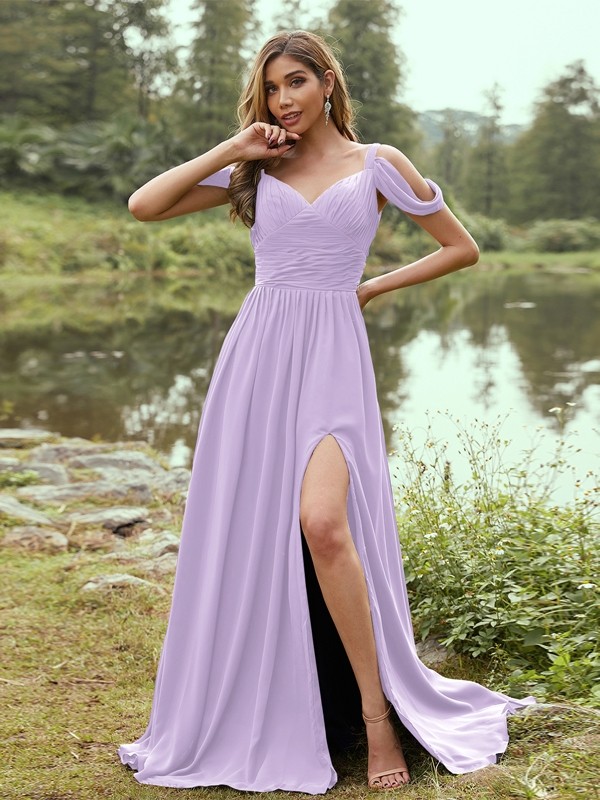 A-Line/Princess Chiffon Ruched V-neck Sleeveless Sweep/Brush Train Bridesmaid Dresses 2189