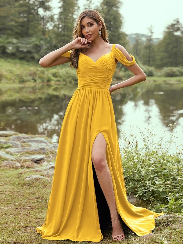 A-Line/Princess Chiffon Ruched V-neck Sleeveless Sweep/Brush Train Bridesmaid Dresses 2189