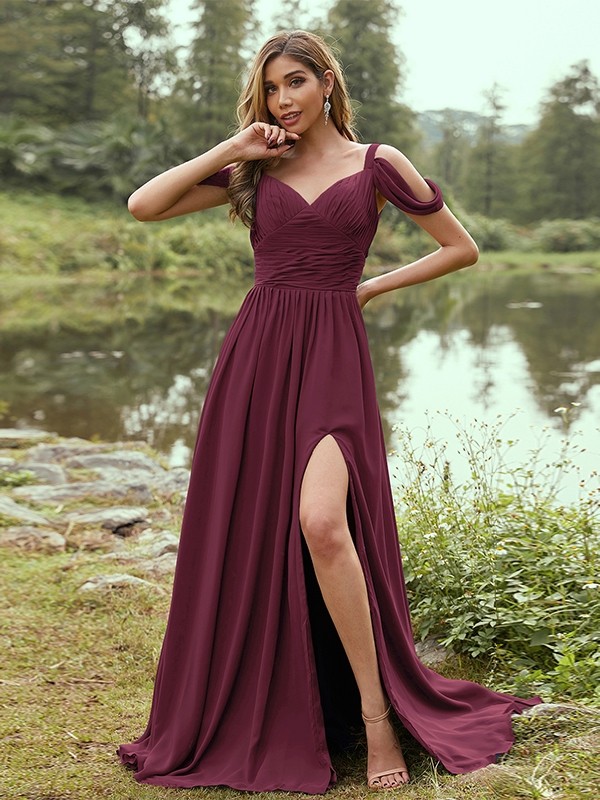 A-Line/Princess Chiffon Ruched V-neck Sleeveless Sweep/Brush Train Bridesmaid Dresses 2189