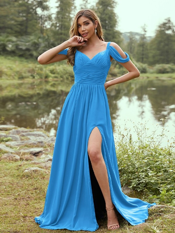 A-Line/Princess Chiffon Ruched V-neck Sleeveless Sweep/Brush Train Bridesmaid Dresses 2189