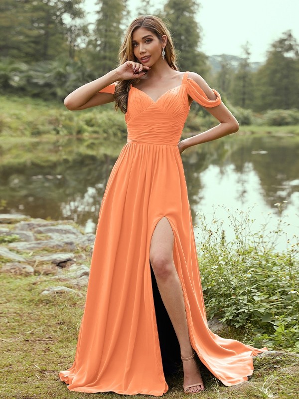 A-Line/Princess Chiffon Ruched V-neck Sleeveless Sweep/Brush Train Bridesmaid Dresses 2189