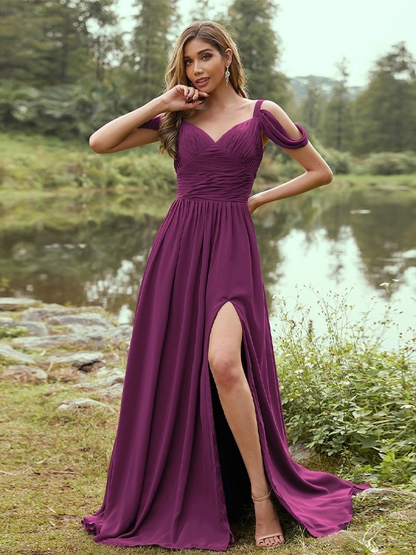 A-Line/Princess Chiffon Ruched V-neck Sleeveless Sweep/Brush Train Bridesmaid Dresses 2189